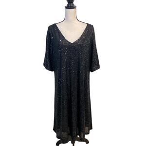 Ashley Stewart V-Neck Black Sequin Bubble Sleeve Shift Dress Size 16W